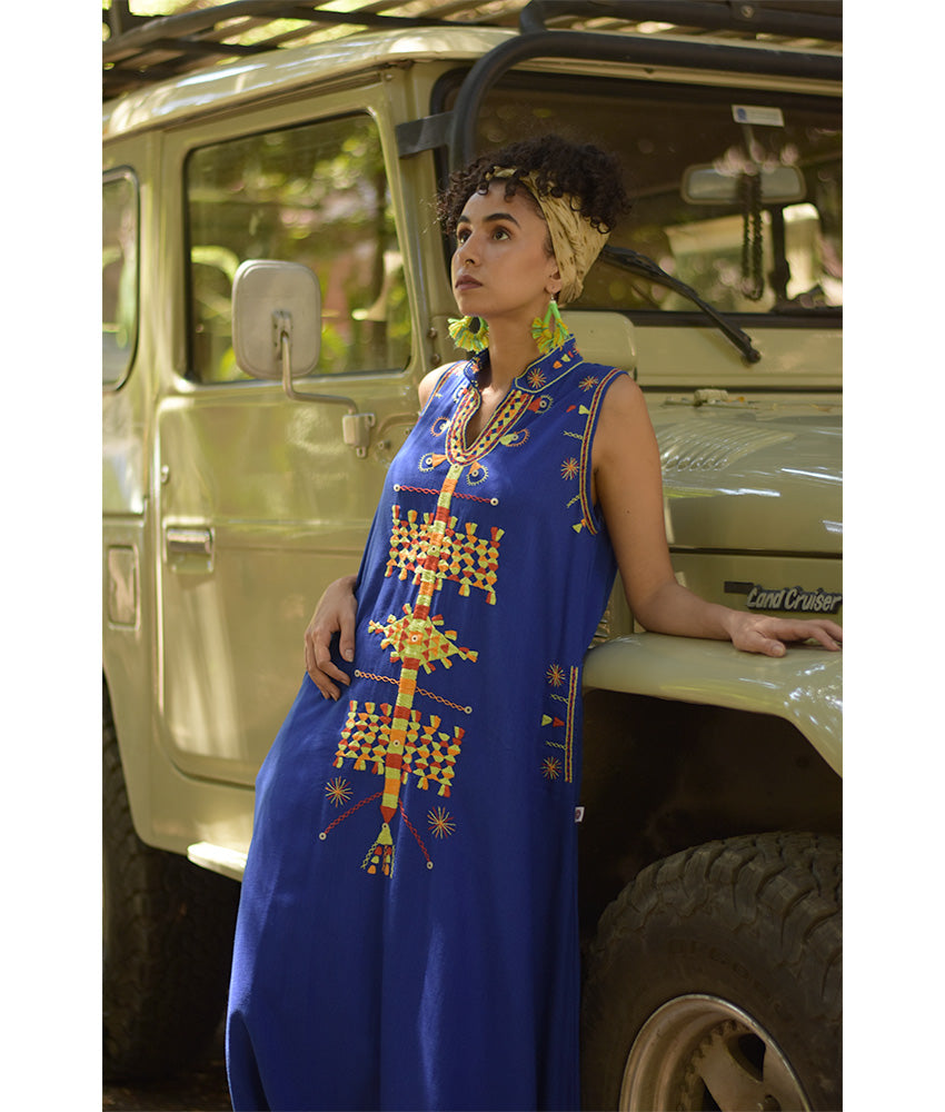Electric Blue Siwa Embroidered Linen Japanese Dress handmade in Egypt & available at Jozee Boutique.