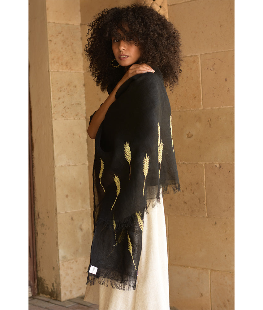 Black Embroidered Linen Shawl - Palm