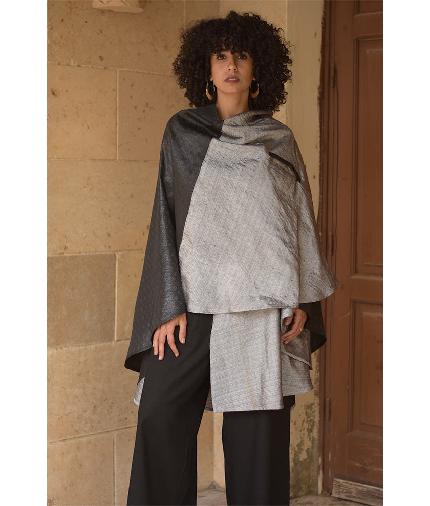 Grey & Black Silk & Cotton Hooded Cape