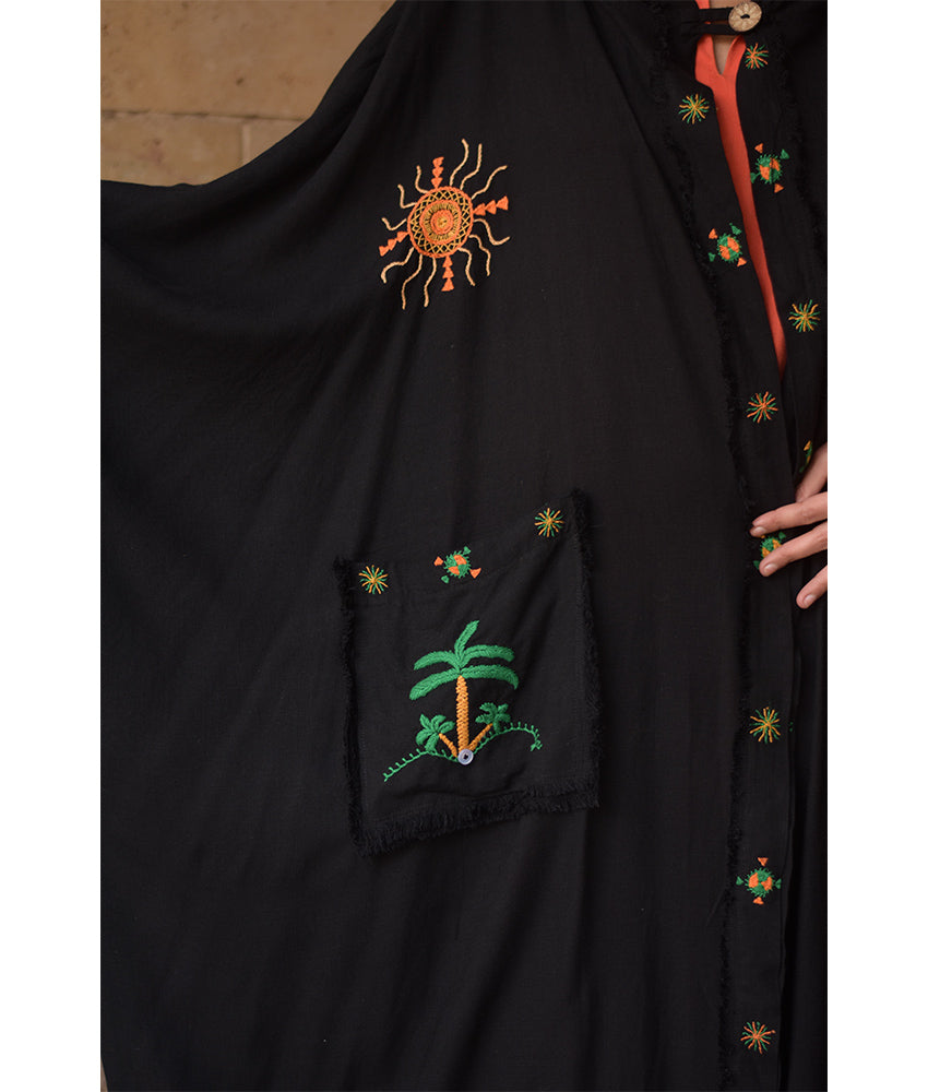 Black Siwa Embroidered Linen Cardigan/Abaya with Hoodie handmade in Egypt & available at Jozee Boutique.