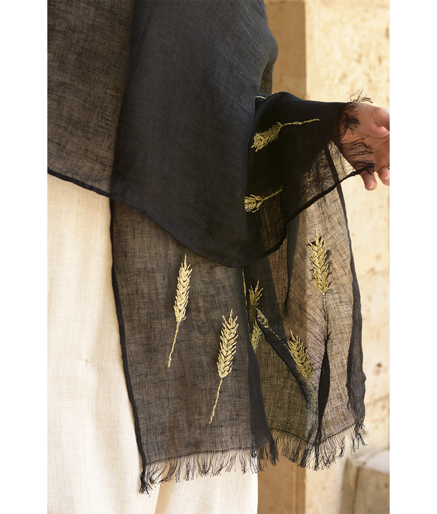 Black Embroidered Linen Shawl - Palm