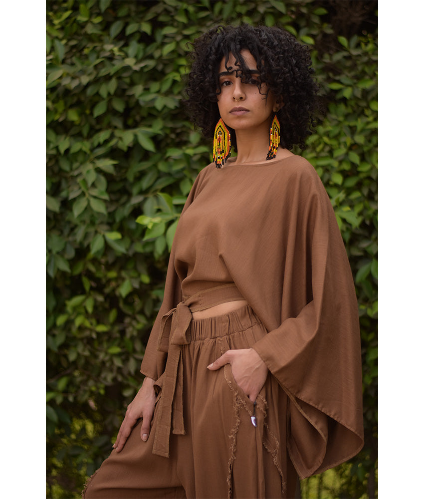 Brown Kimono Linen Top handmade in Egypt & available at Jozee Boutique.
