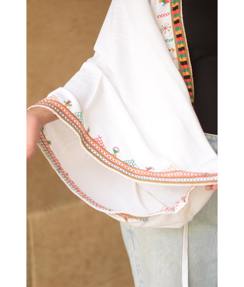 White Siwa Embroidered Linen Bolero made in Egypt & available at Jozee Boutique.