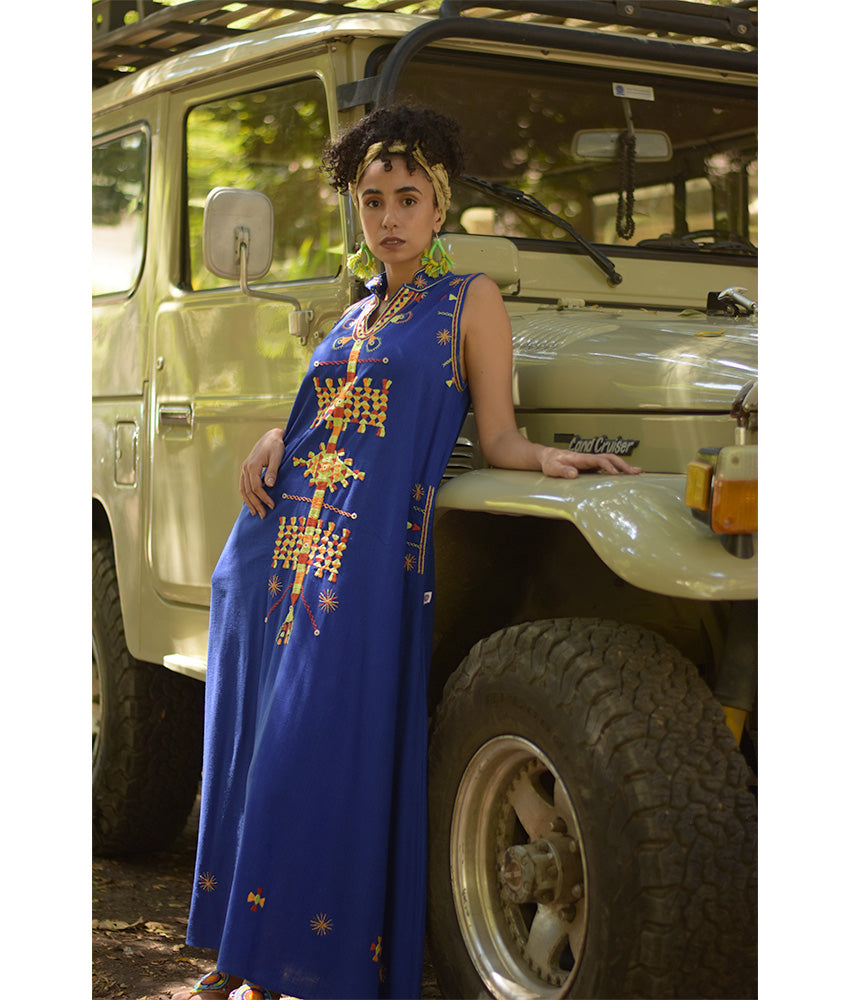 Electric Blue Siwa Embroidered Linen Japanese Dress handmade in Egypt & available at Jozee Boutique.