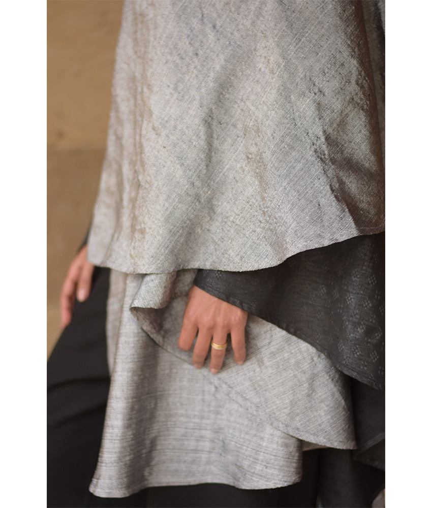 Grey & Black Silk & Cotton Hooded Cape