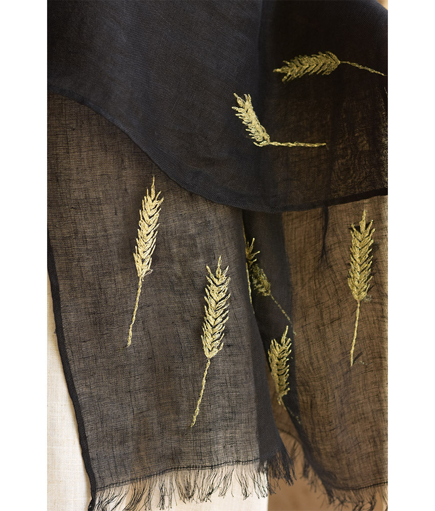 Black Embroidered Linen Shawl - Palm