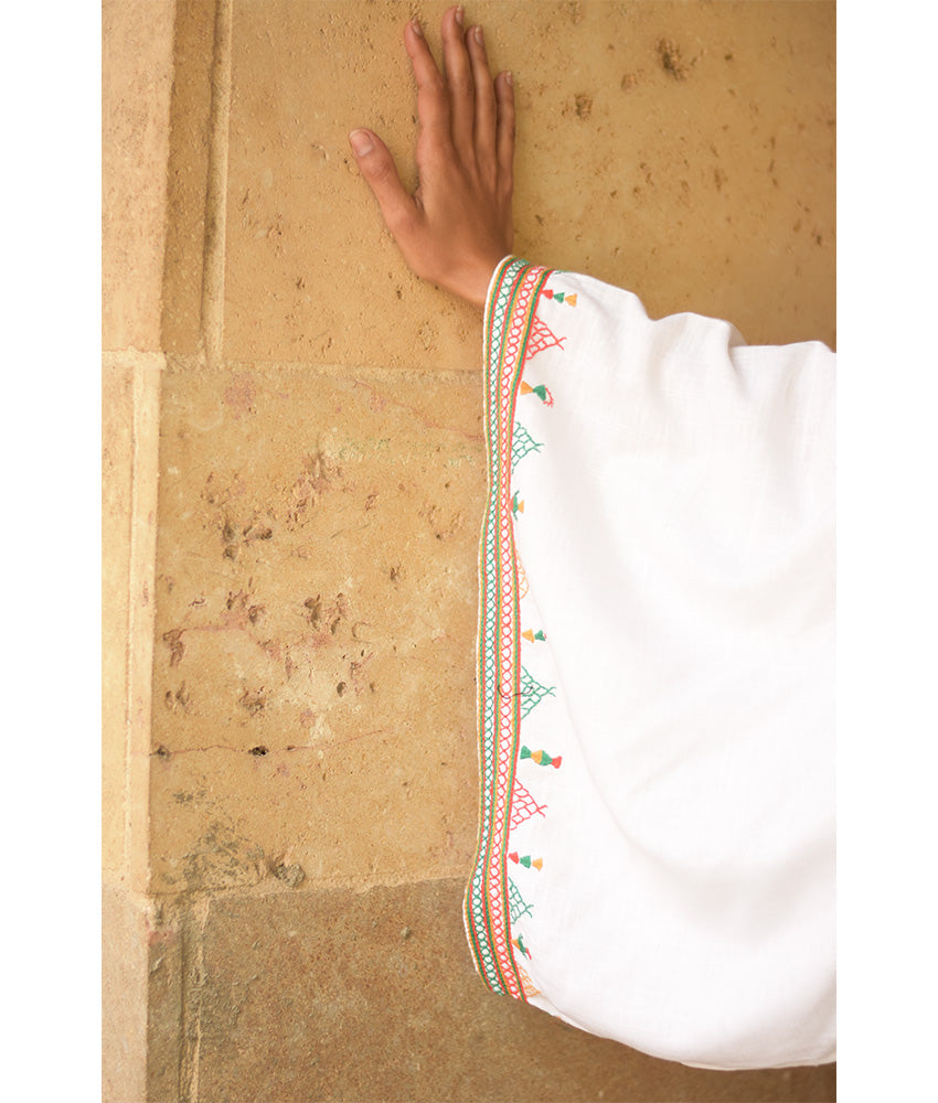 White Siwa Embroidered Linen Bolero made in Egypt & available at Jozee Boutique.
