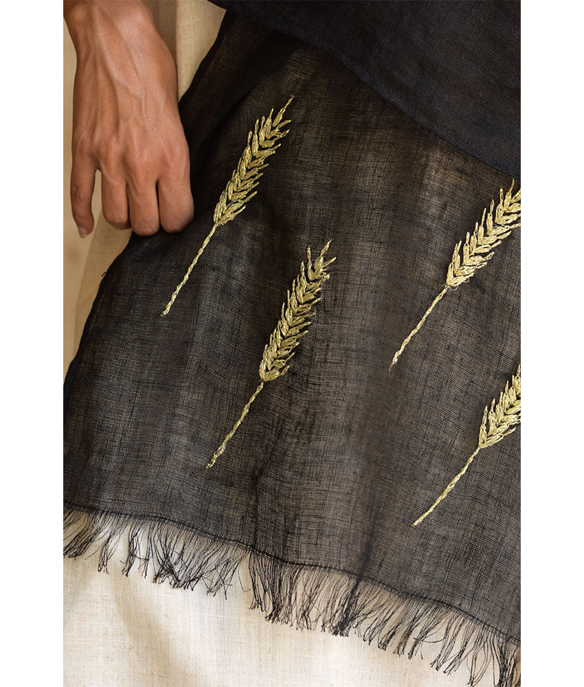 Black Embroidered Linen Shawl - Palm