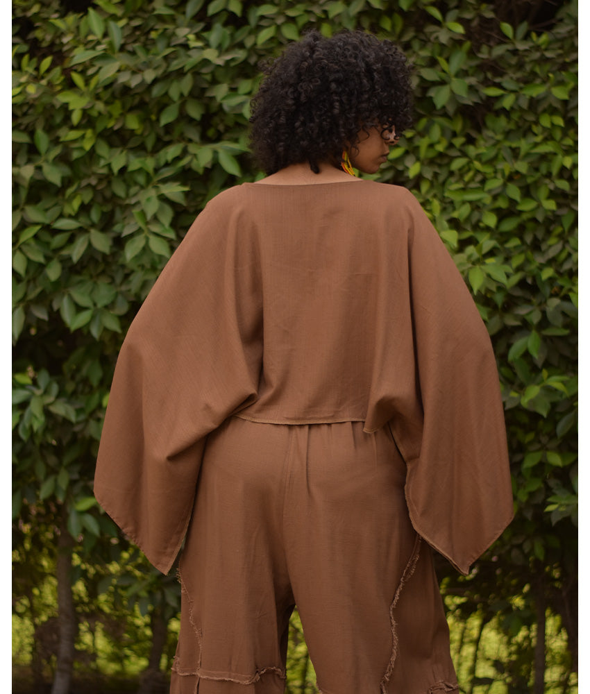 Brown Kimono Linen Top handmade in Egypt & available at Jozee Boutique.