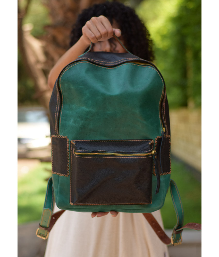 Black & Green Genuine Leather Backpack handmade in Egypt and available at Jozee Boutique.