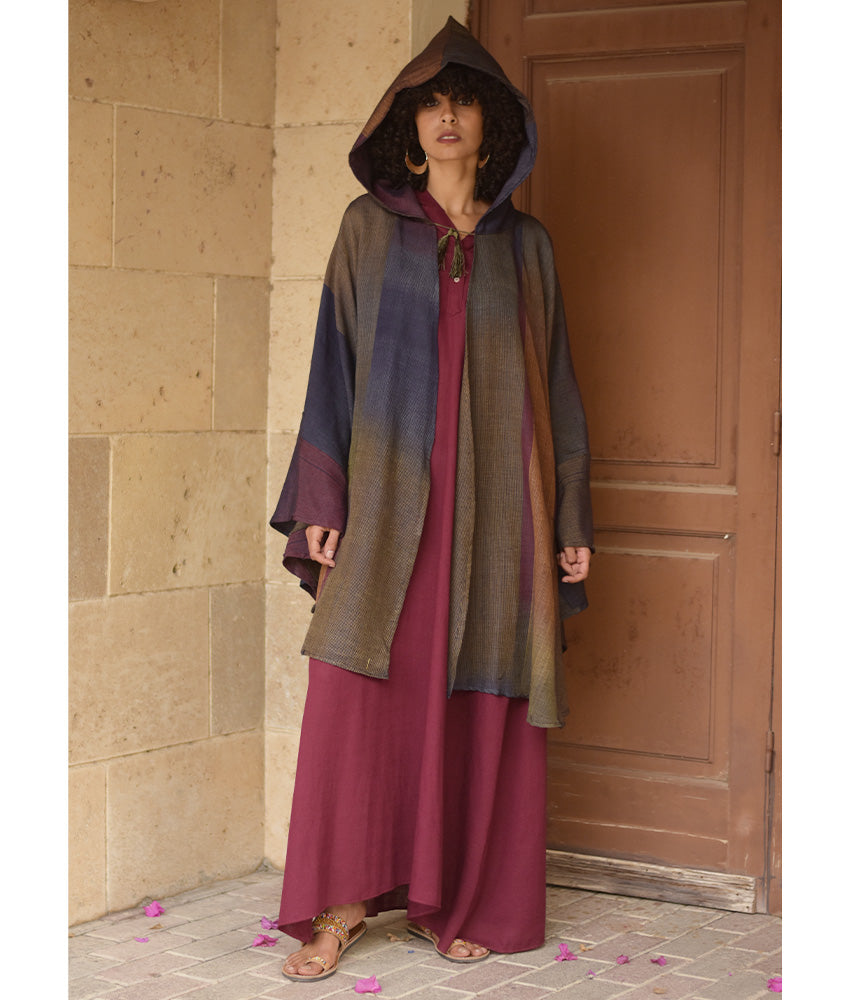Multicolored Silk & Cotton Hooded Cape