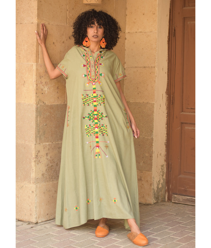 Light olive Siwa Heavily Embroidered Linen Dress with Hoodie handmade in Egypt & available at Jozee Boutique.