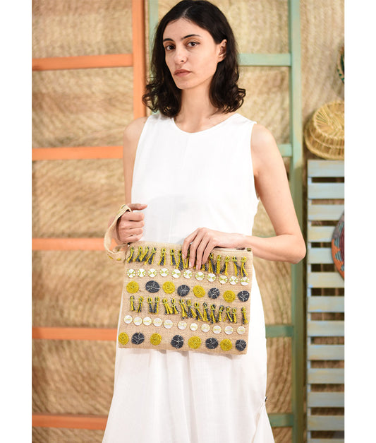 Beige Embroidered Burlap Clutch with Buttons handmade in Egypt & available at Jozee Boutique.