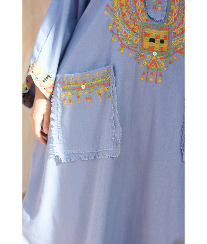 Denim blue Siwa Embroidered Linen Kaftan with Hoodie handmade in Egypt & available at Jozee Boutique.