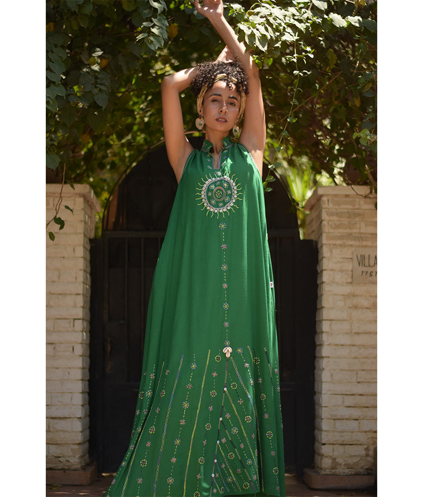 Green Siwa Embroidered Linen Japanese Dress handmade in Egypt & available at Jozee Boutique.
