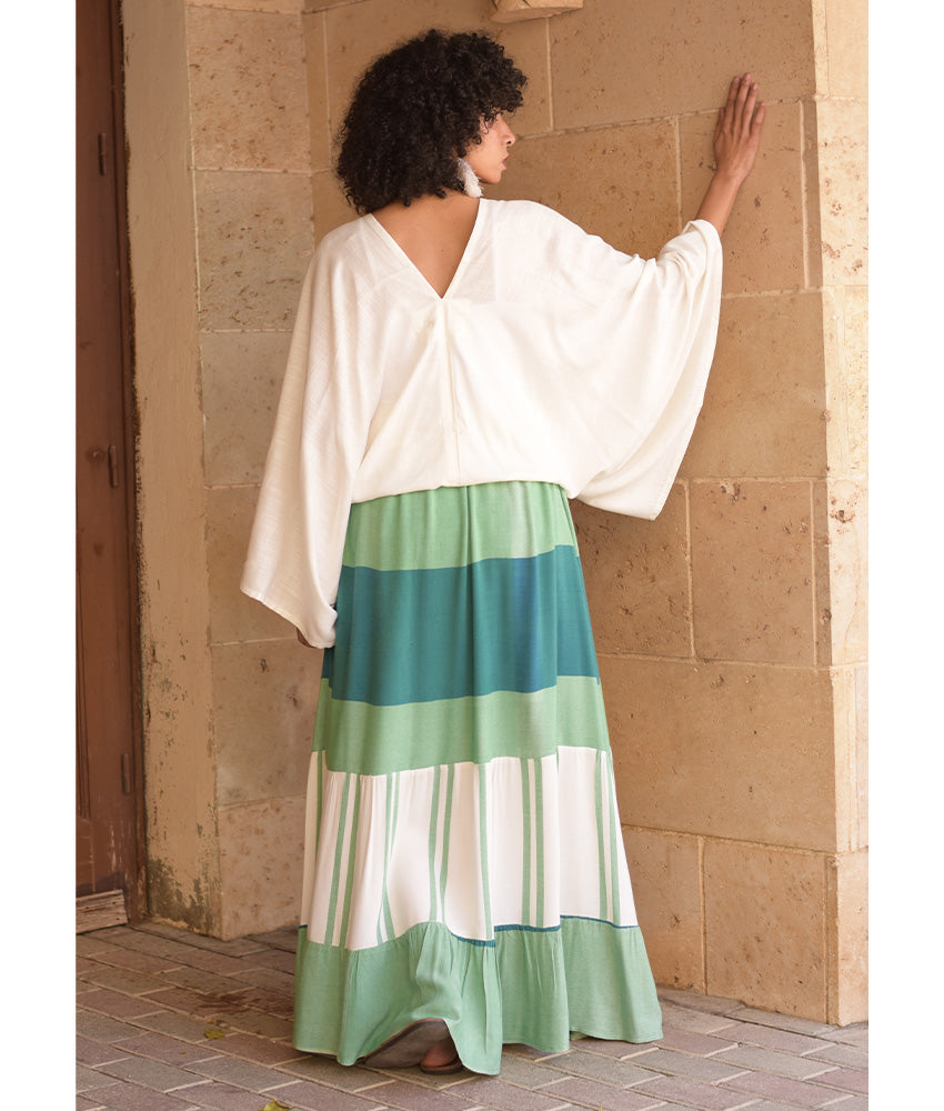 Green & White Handwoven Ruffle Skirt handmade in Egypt & available at Jozee Boutique.