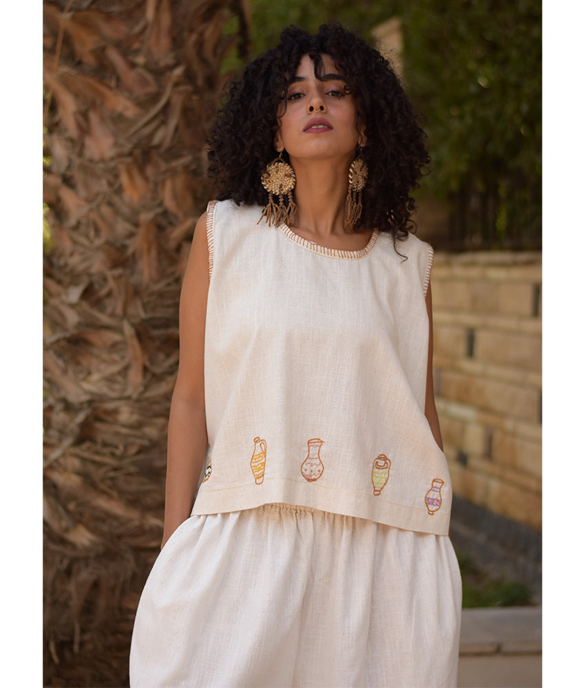 Off White Cotton Set with Hand Embroideries handmade in Egypt & available at Jozee Boutique.