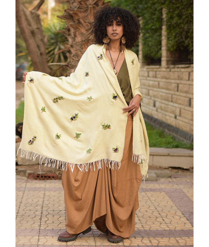 Light Beige & Green Handwoven Viscose Shawl with Hand Embroideries handmade in Egypt & available at Jozee Boutique.handmade in Egypt & available at Jozee Boutique.