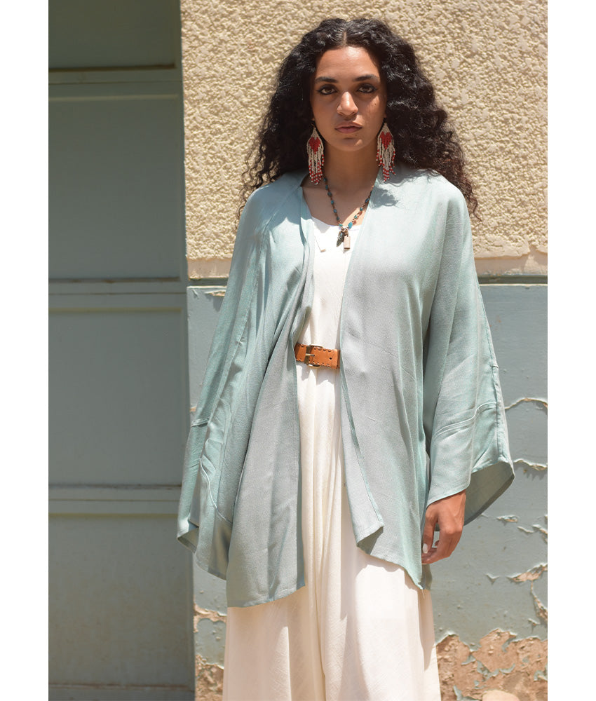 Dusty Mint Handwoven Viscose Cardigan handmade in Egypt & available at Jozee Boutique.