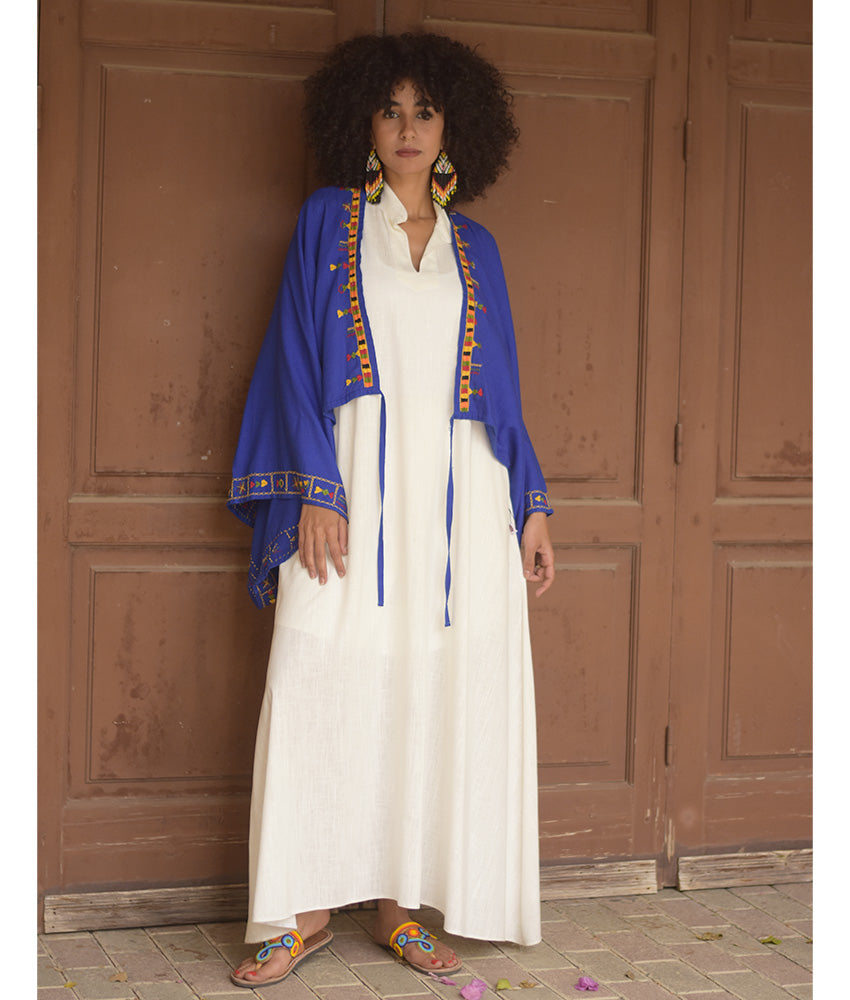 Electric Blue Siwa Embroidered Linen Bolero made in Egypt & available at Jozee Boutique.