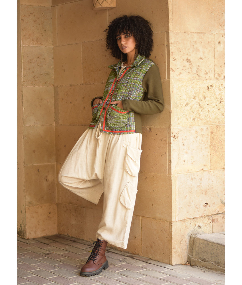 Shades of Green Cropped Akhmim Loomwoven Jacket handmade in Egypt & available at Jozee Boutique.