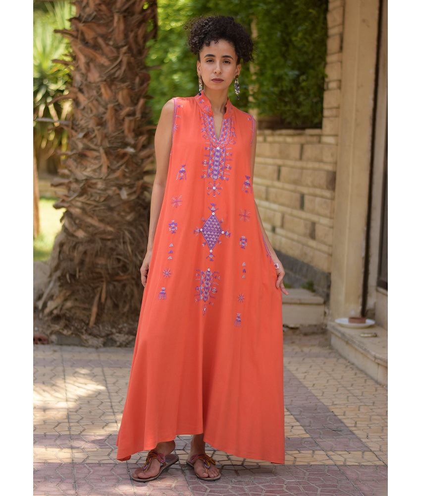 Orange Siwa Embroidered Linen Japanese Dress handmade in Egypt & available at Jozee Boutique.