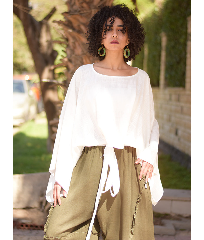 White Kimono Linen Top handmade in Egypt & available at Jozee Boutique.
