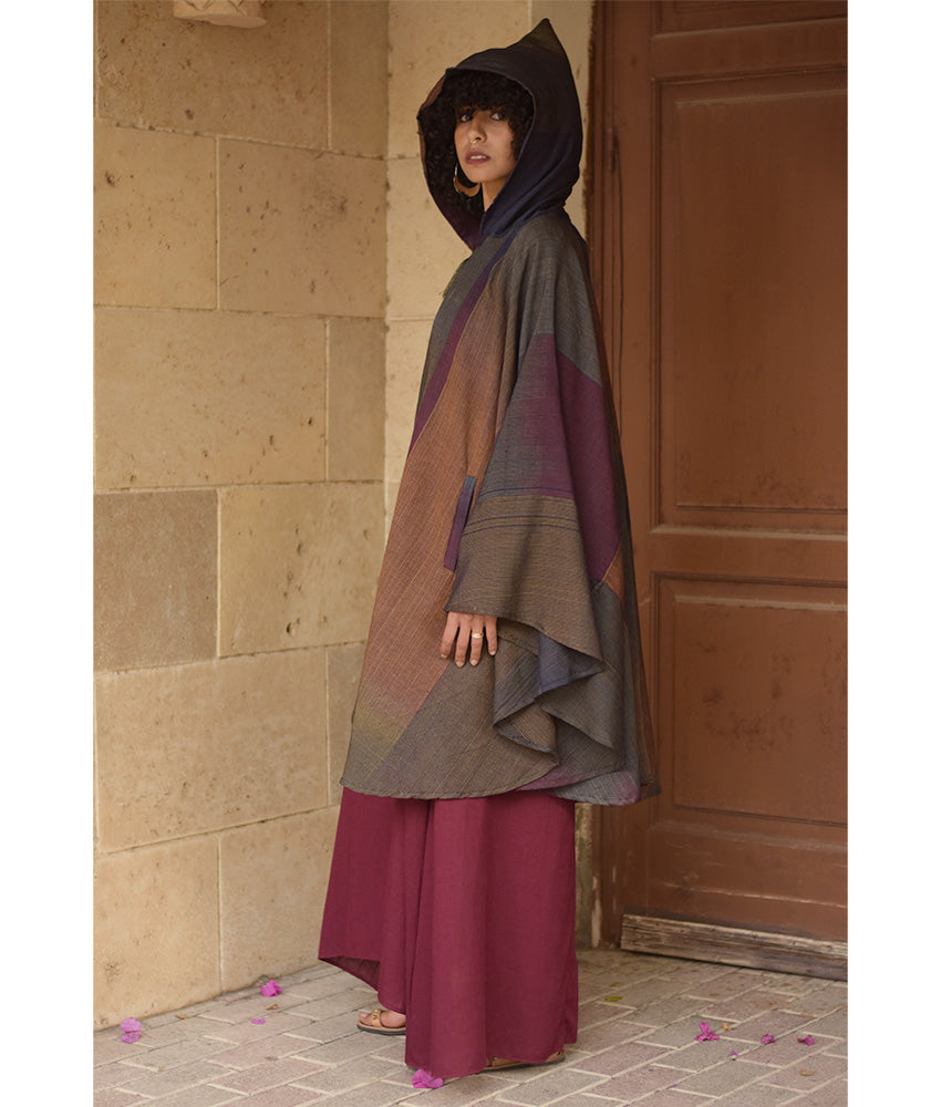Multicolored Silk & Cotton Hooded Cape