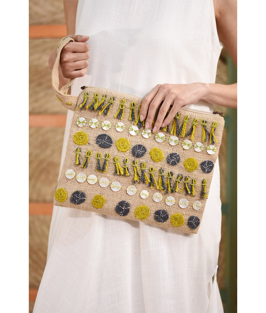 Beige Embroidered Burlap Clutch with Buttons handmade in Egypt & available at Jozee Boutique.