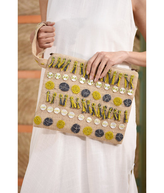 Beige Embroidered Burlap Clutch with Buttons handmade in Egypt & available at Jozee Boutique.