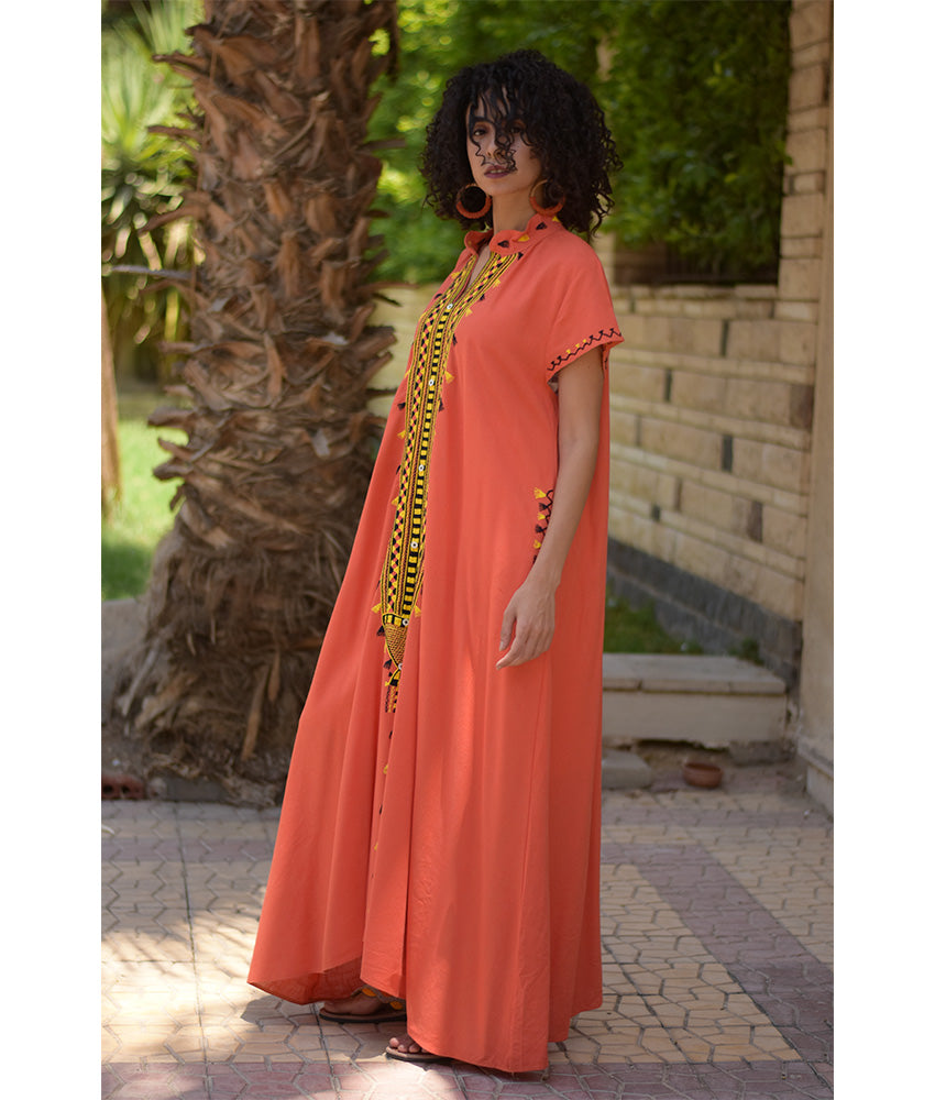 Orange Siwa Embroidered Linen Japanese Dress handmade in Egypt & available at Jozee Boutique.