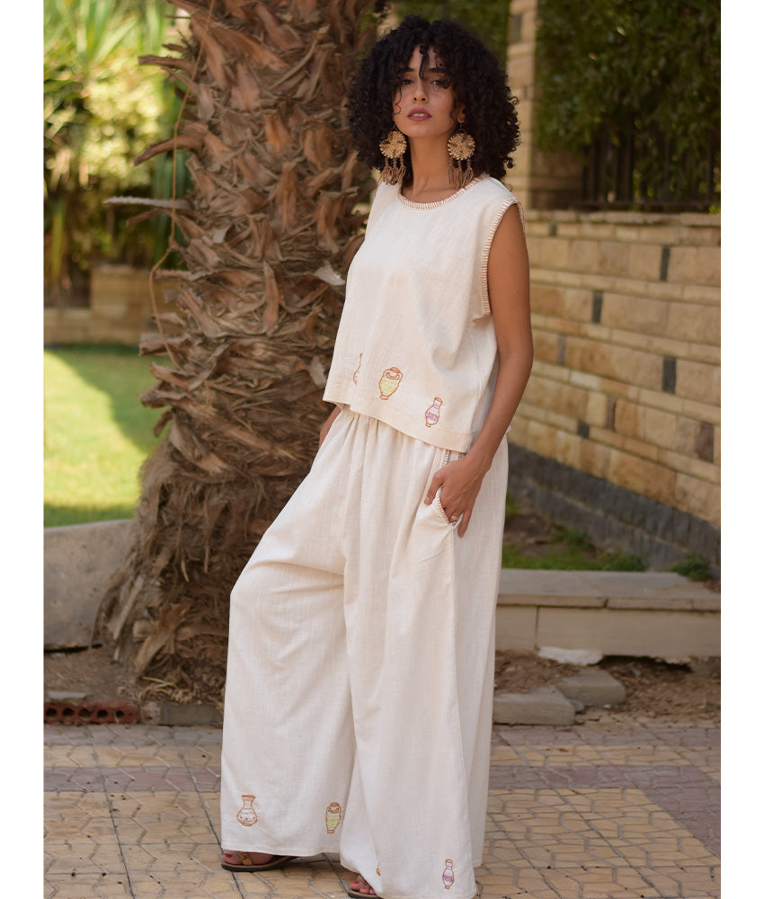 Off White Cotton Set with Hand Embroideries handmade in Egypt & available at Jozee Boutique.