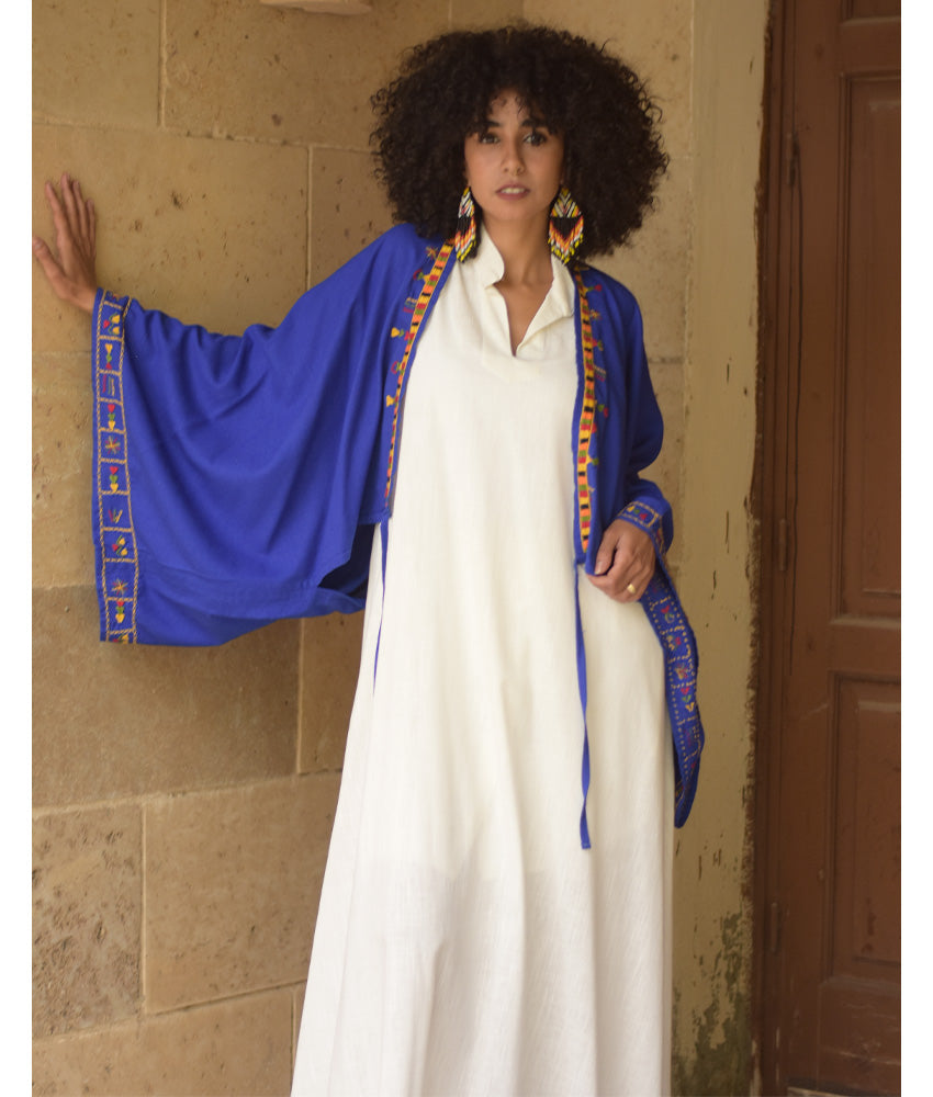 Electric Blue Siwa Embroidered Linen Bolero made in Egypt & available at Jozee Boutique.