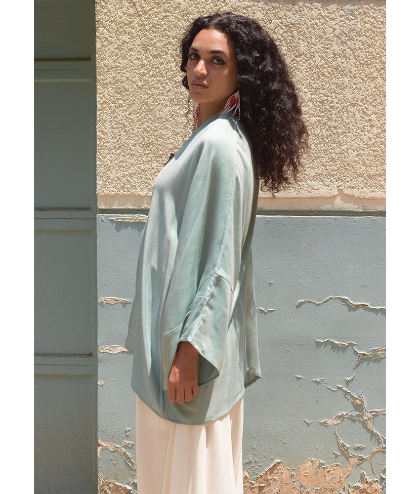 Dusty Mint Handwoven Viscose Cardigan handmade in Egypt & available at Jozee Boutique.