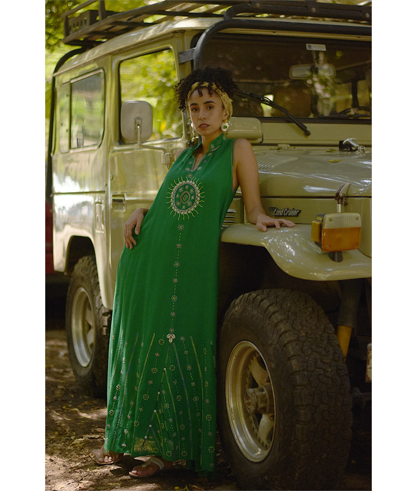 Green Siwa Embroidered Linen Japanese Dress handmade in Egypt & available at Jozee Boutique.