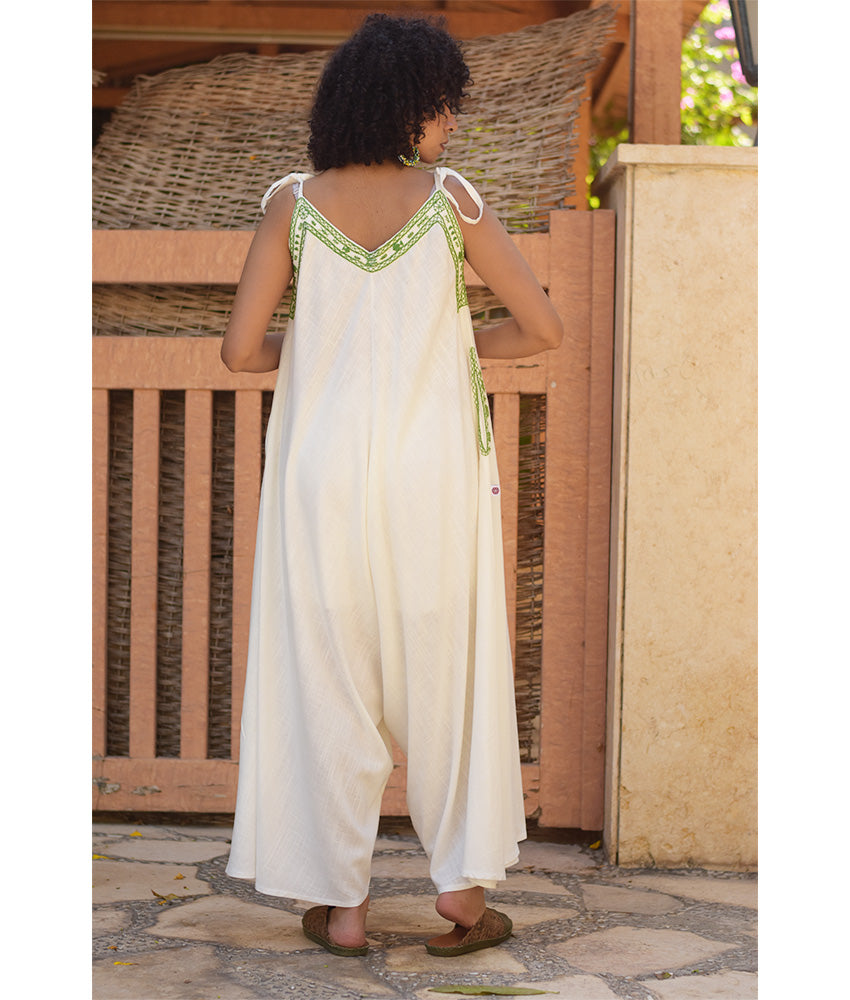 White Siwa Embroidered Linen Flowy Jumpsuit/Dress handmade in Egypt & available at Jozee Boutique.