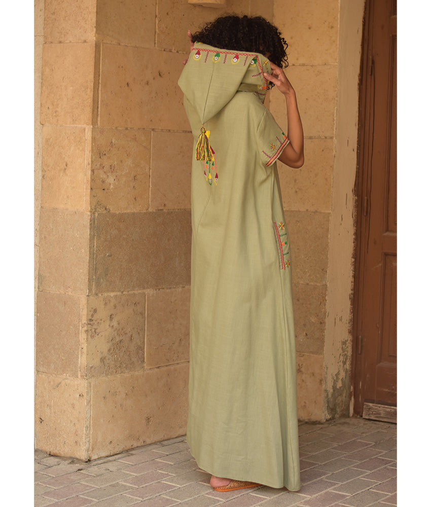 Light olive Siwa Heavily Embroidered Linen Dress with Hoodie handmade in Egypt & available at Jozee Boutique.
