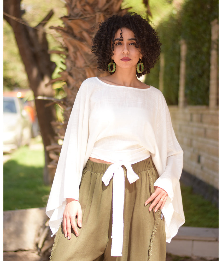 White Kimono Linen Top handmade in Egypt & available at Jozee Boutique.