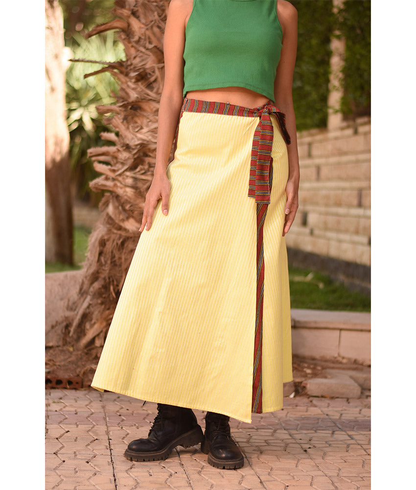 Striped Yellow & Maroon Silk and Cotton Loom Woven Long Wrap Skirt handmade in Egypt & available at Jozee Boutique.