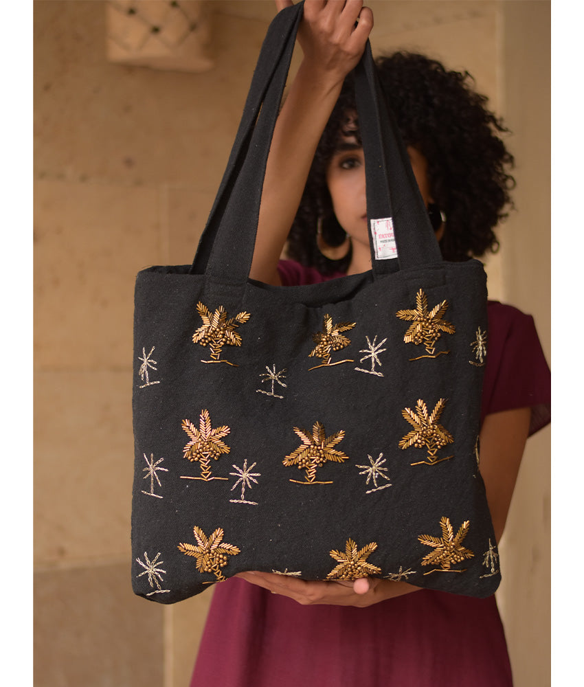 Black Embroidered Tote Bag handmade in Egypt & available in Jozee boutique
