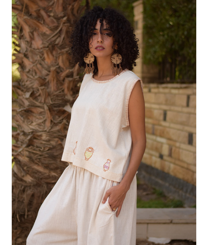 Off White Cotton Set with Hand Embroideries handmade in Egypt & available at Jozee Boutique.