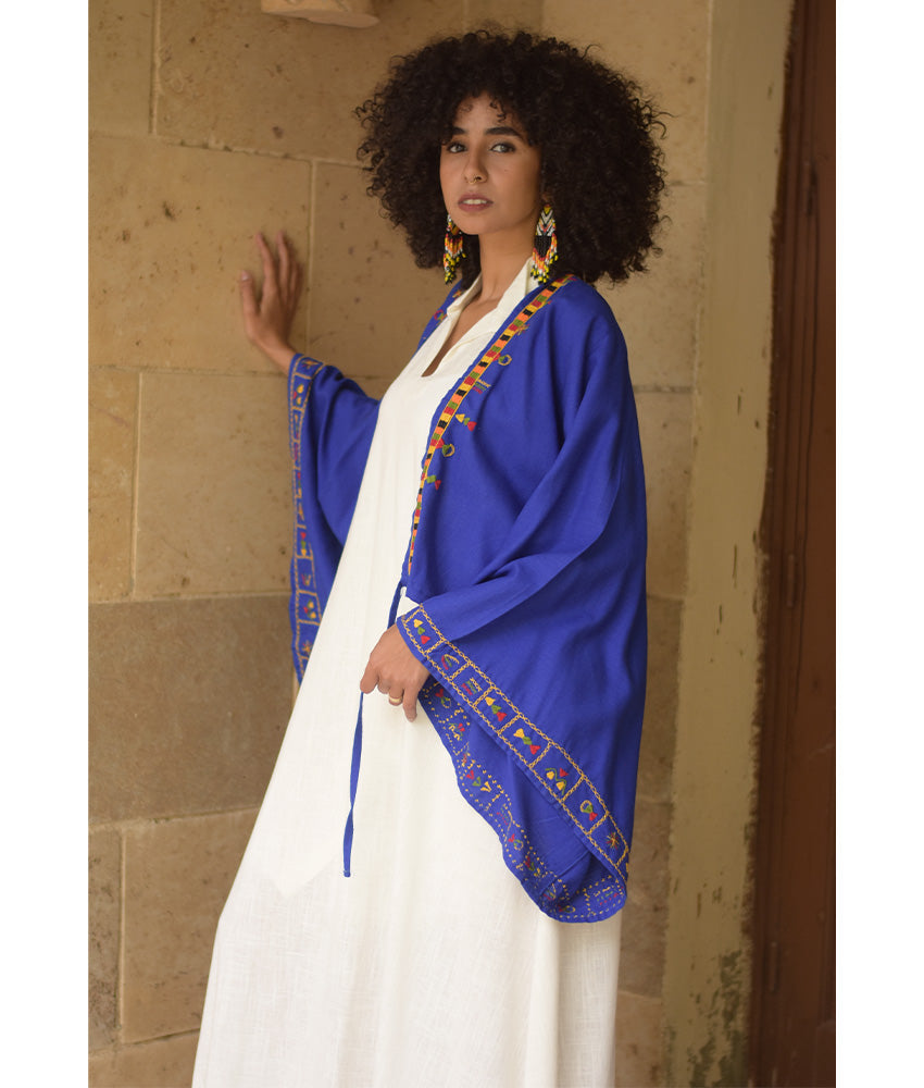 Electric Blue Siwa Embroidered Linen Bolero made in Egypt & available at Jozee Boutique.