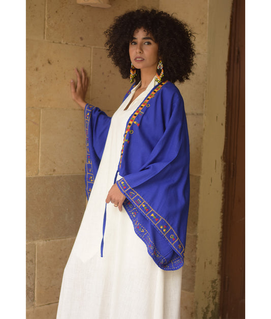 Electric Blue Siwa Embroidered Linen Bolero made in Egypt & available at Jozee Boutique.