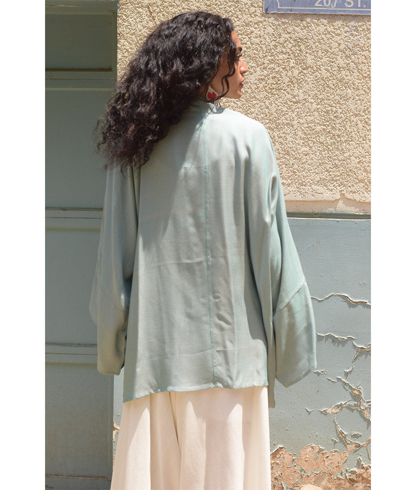 Dusty Mint Handwoven Viscose Cardigan handmade in Egypt & available at Jozee Boutique.