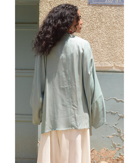 Dusty Mint Handwoven Viscose Cardigan handmade in Egypt & available at Jozee Boutique.