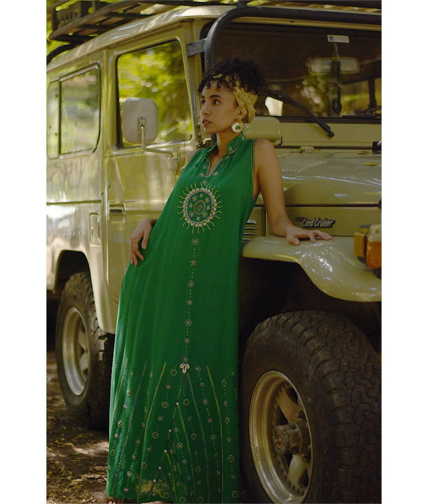 Green Siwa Embroidered Linen Japanese Dress handmade in Egypt & available at Jozee Boutique.