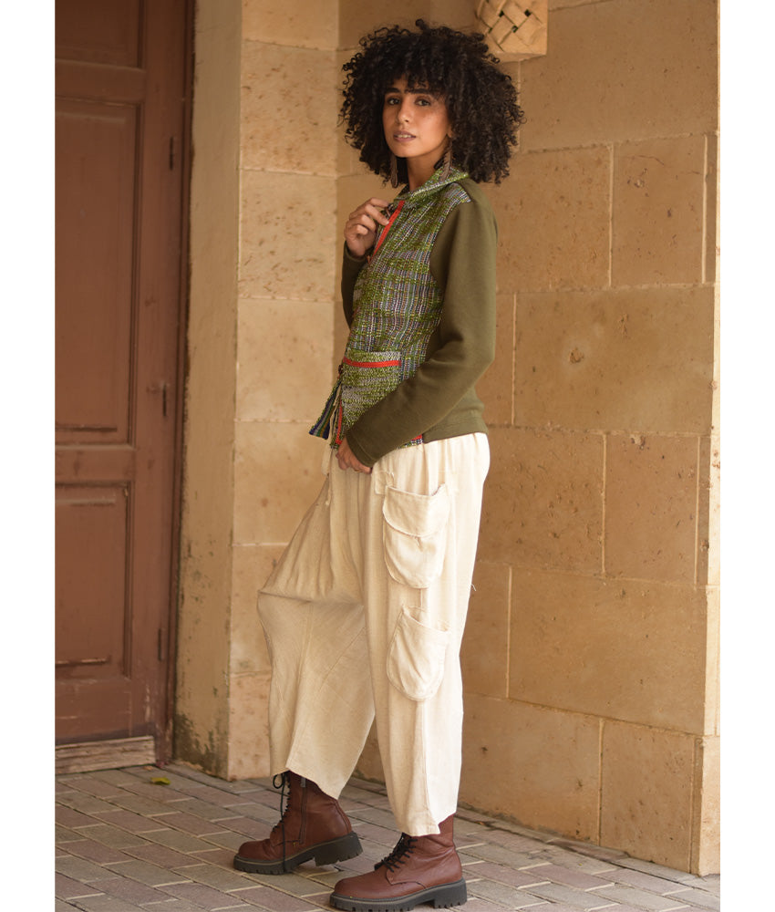 Shades of Green Cropped Akhmim Loomwoven Jacket handmade in Egypt & available at Jozee Boutique.