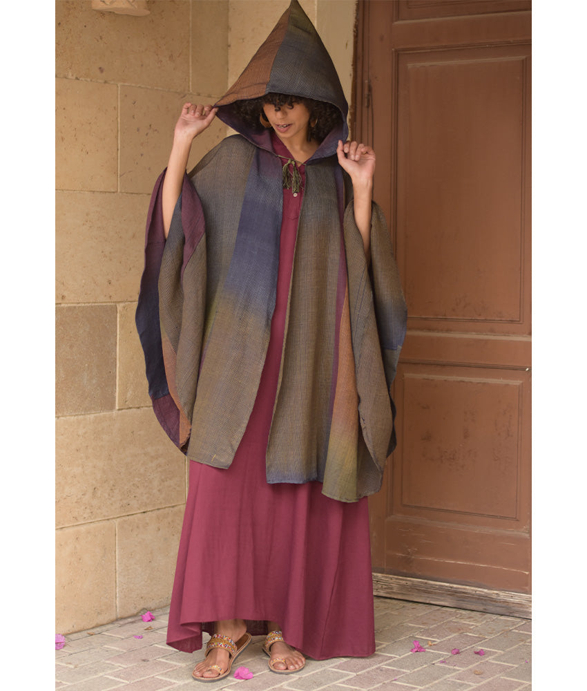 Multicolored Silk & Cotton Hooded Cape