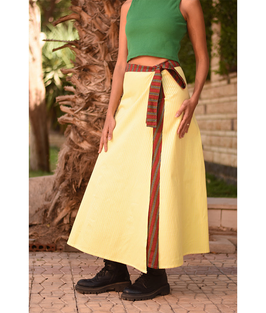 Striped Yellow & Maroon Silk and Cotton Loom Woven Long Wrap Skirt handmade in Egypt & available at Jozee Boutique.