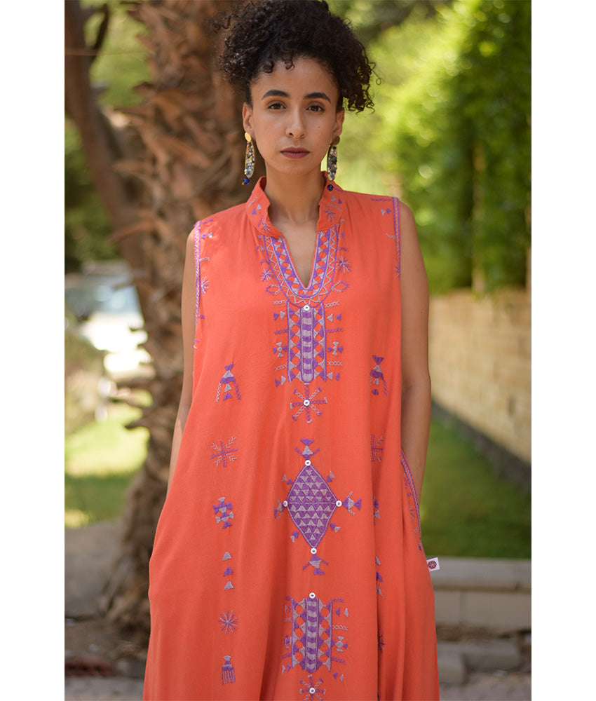 Orange Siwa Embroidered Linen Japanese Dress handmade in Egypt & available at Jozee Boutique.